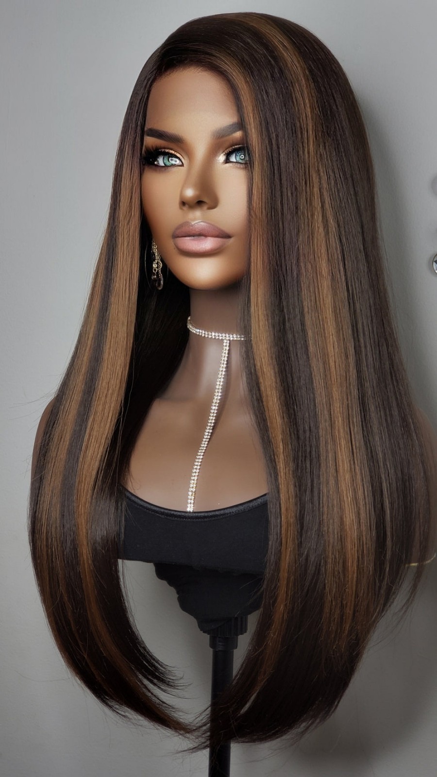 New Long Straight Brown Blonde Black Hair Highlights Lace Front Wig Womens Wigs