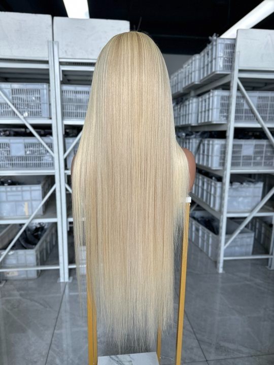 28inch 613#Blonde Silk Straight 100% Human Hair 13×4 Transparent Lace Front Wig