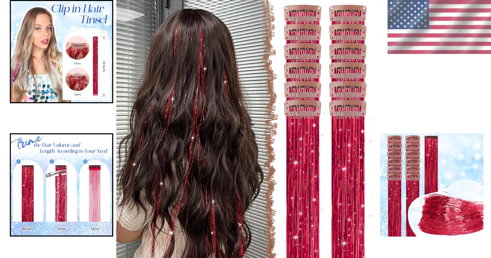 Transform Your Hair with 12 PCS Red Clip-in Glitter Tinsel Extensions – 20 Inch