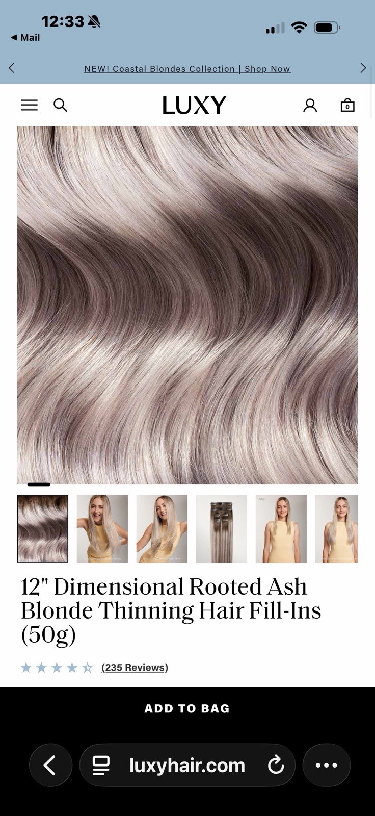 LUXY HAIR EXTENSIONS 12” Dimens. ROOTED ASH Blonde Thinning Hair Seamless Clip
