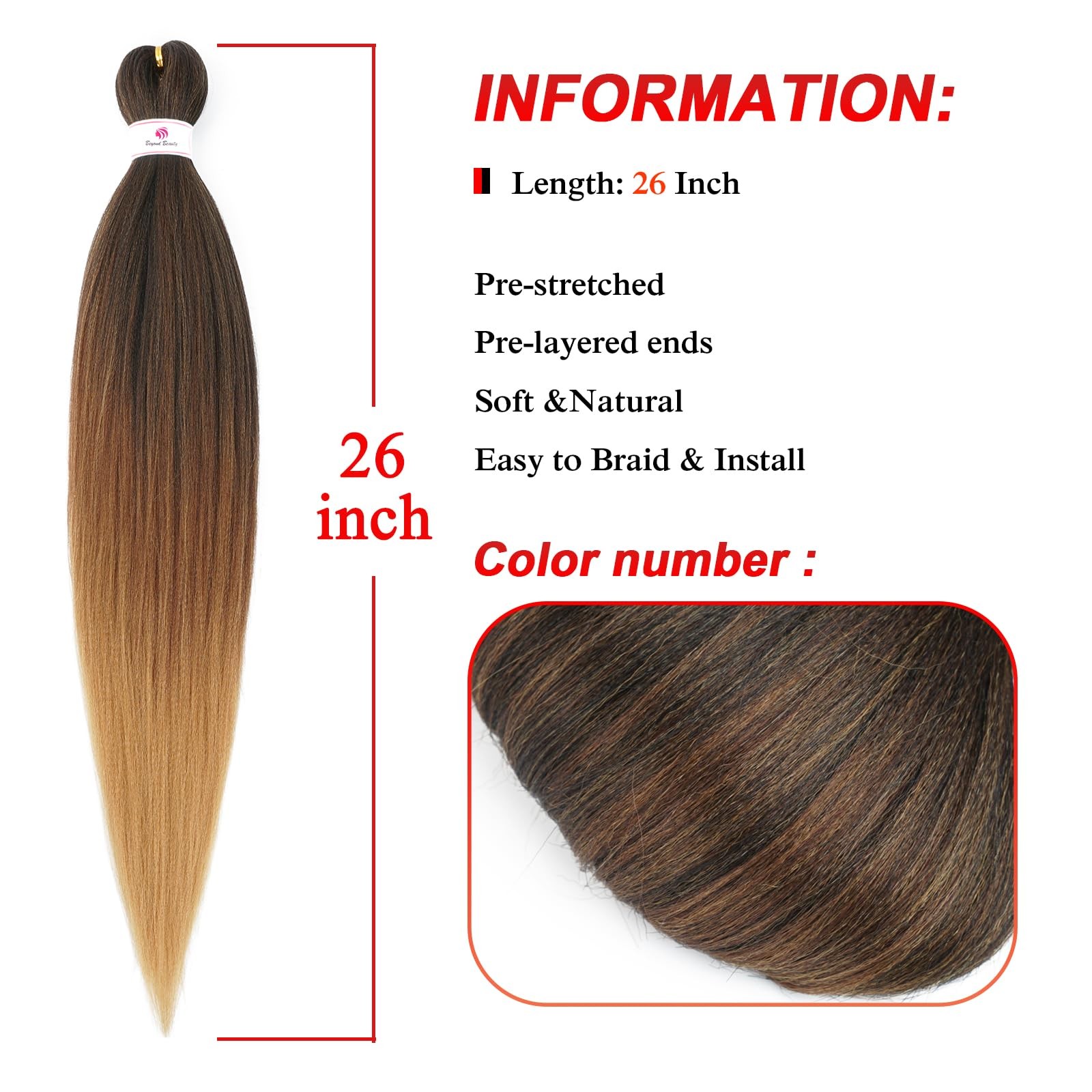 Pre-stretched Braids Hair Professional Itch Free 26 Inch(pack of 8), 1B-30-27