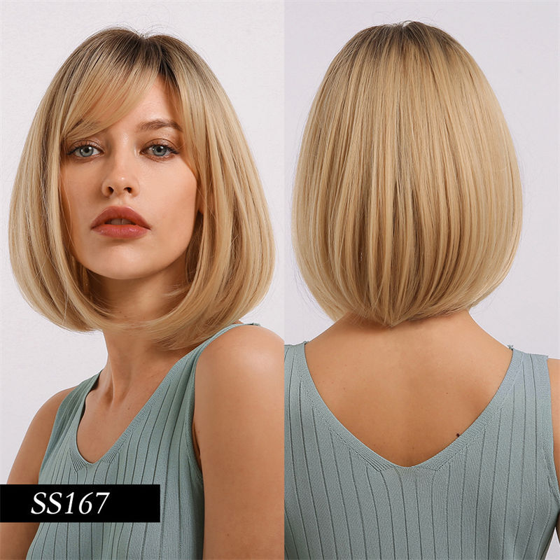 Pink Bobo Short Hair Full Head Cover Gradient Fashion Straight Bangs Wig