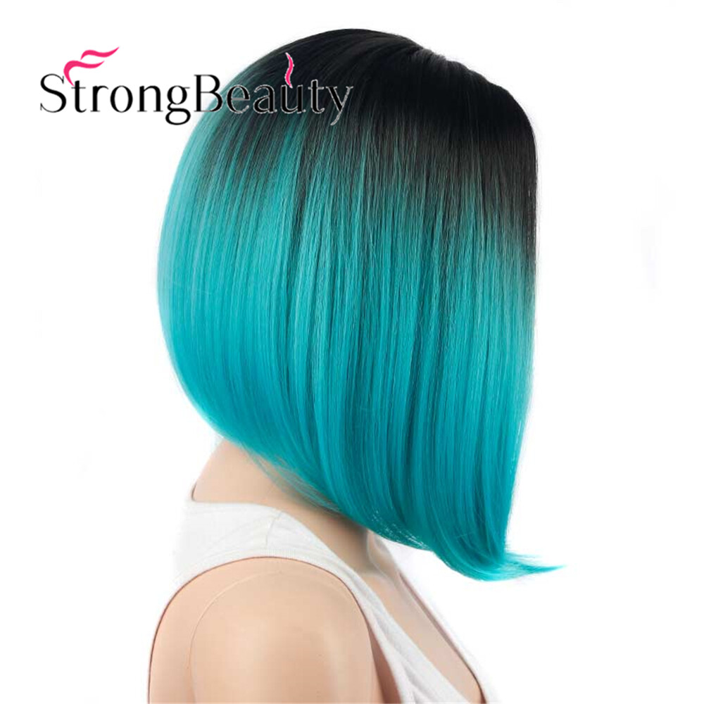 Synthetic Ombre Green Bob Wig Dark Roots Short Straight Hair Wigs for Women