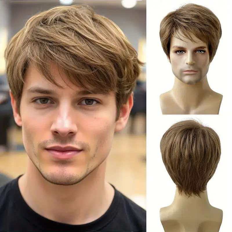 Men’s 6in Short Light Brown Straight Wig Full Cosplay Synthetic Heat Resistant