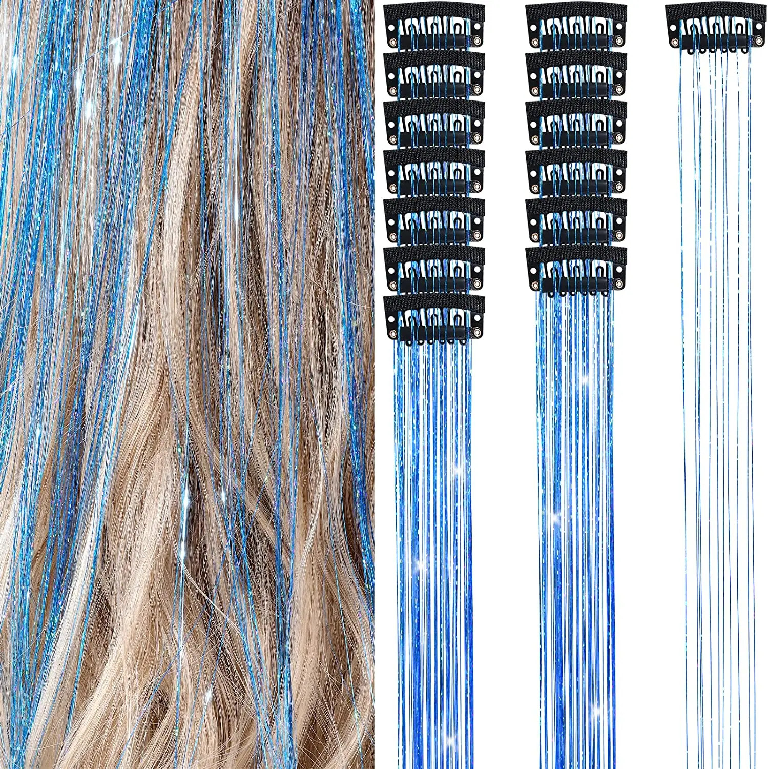 50cm Sparking Shiny Hair Tinsel Extensions Synthetic Clip In Hair Extensions