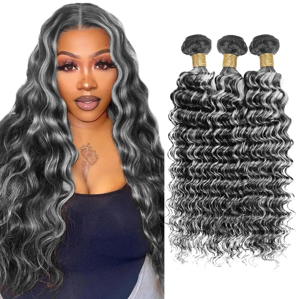 P1Bgray Bundle Highlight Deep Wave Human Hair Bundles #1Bgrey Ombre Gray 3 Bundl
