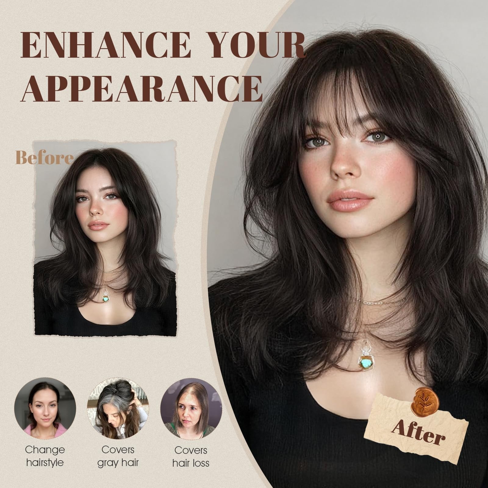 360° 3D Human Hair Topper – Ultra Thin Clip-In Bangs for Thinning Gray Hair, 12″