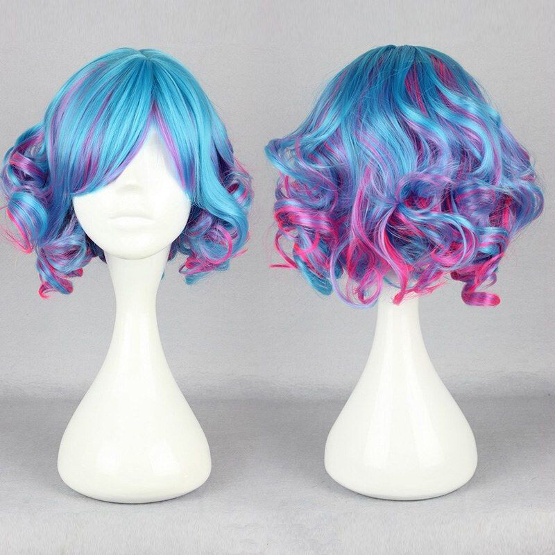 Fashion Short Multi-Color Blue Red Wavy Curly Women Lady Cosplay Hair Wig + Cap