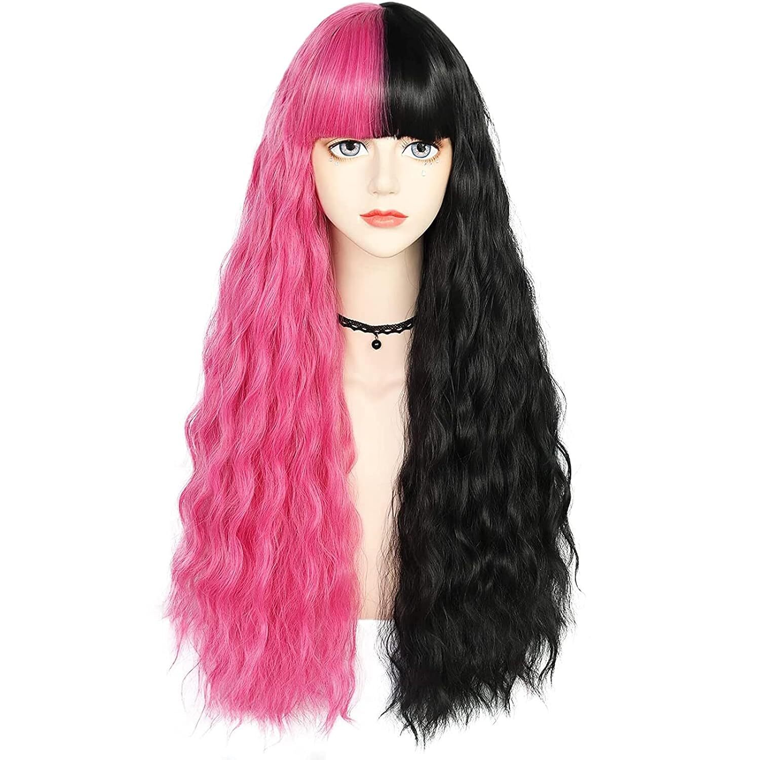 Gorro Para El Cabello+peluca Mitad Rosa Mitad Negra Peluca Ondulada De Cuerp…