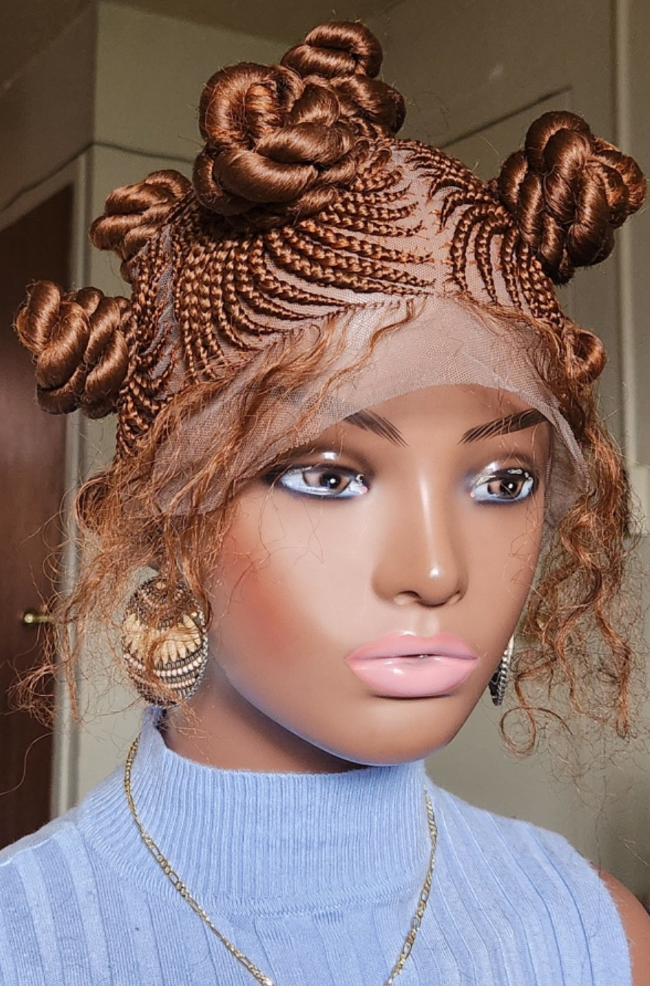 Handmade Bantu Knot Braided Full Lace Cornrow wig Brown