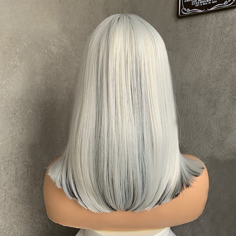 Silver Gray Bob Wig with Bangs for Women Girls Party Cosplay Gray Mix Black Wig