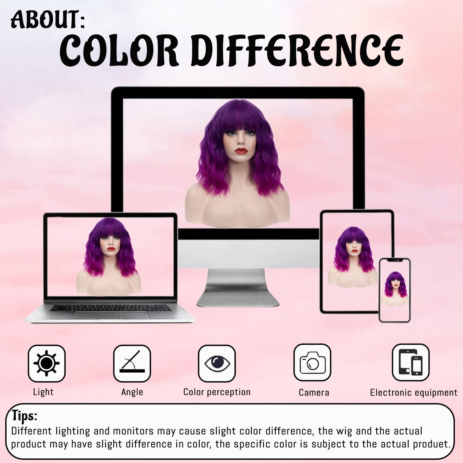 Women’s Bright Purple Ombre Wig Short Curly Wavy Wig Shoulder Length Flat Ban…