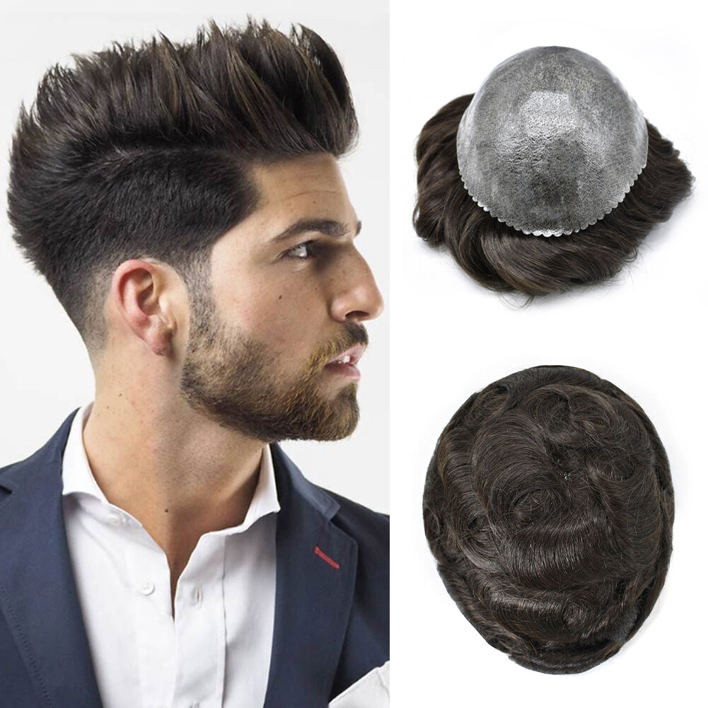 Thin Skin Full Poly Toupee Mens Hair Replacement System Units Human Hair Piece