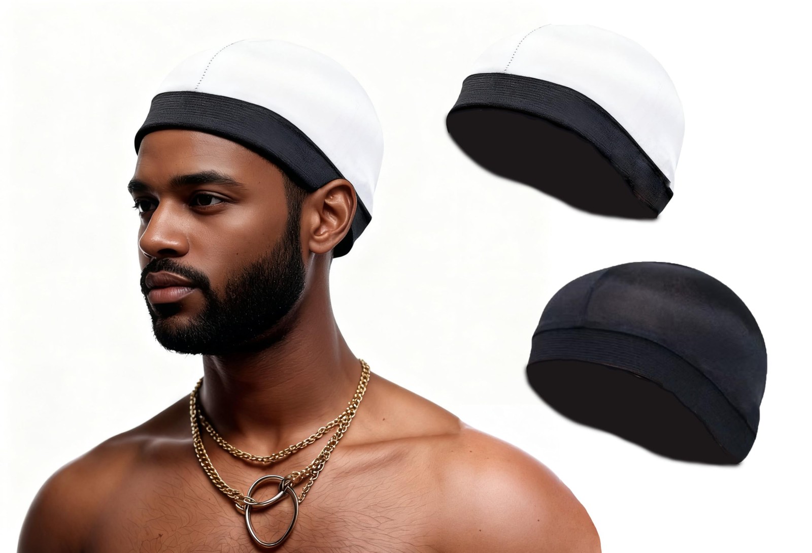 HU ZJKD 2 Pcs Premium Wave Cap for Men,Black Medium-Large, Black + White