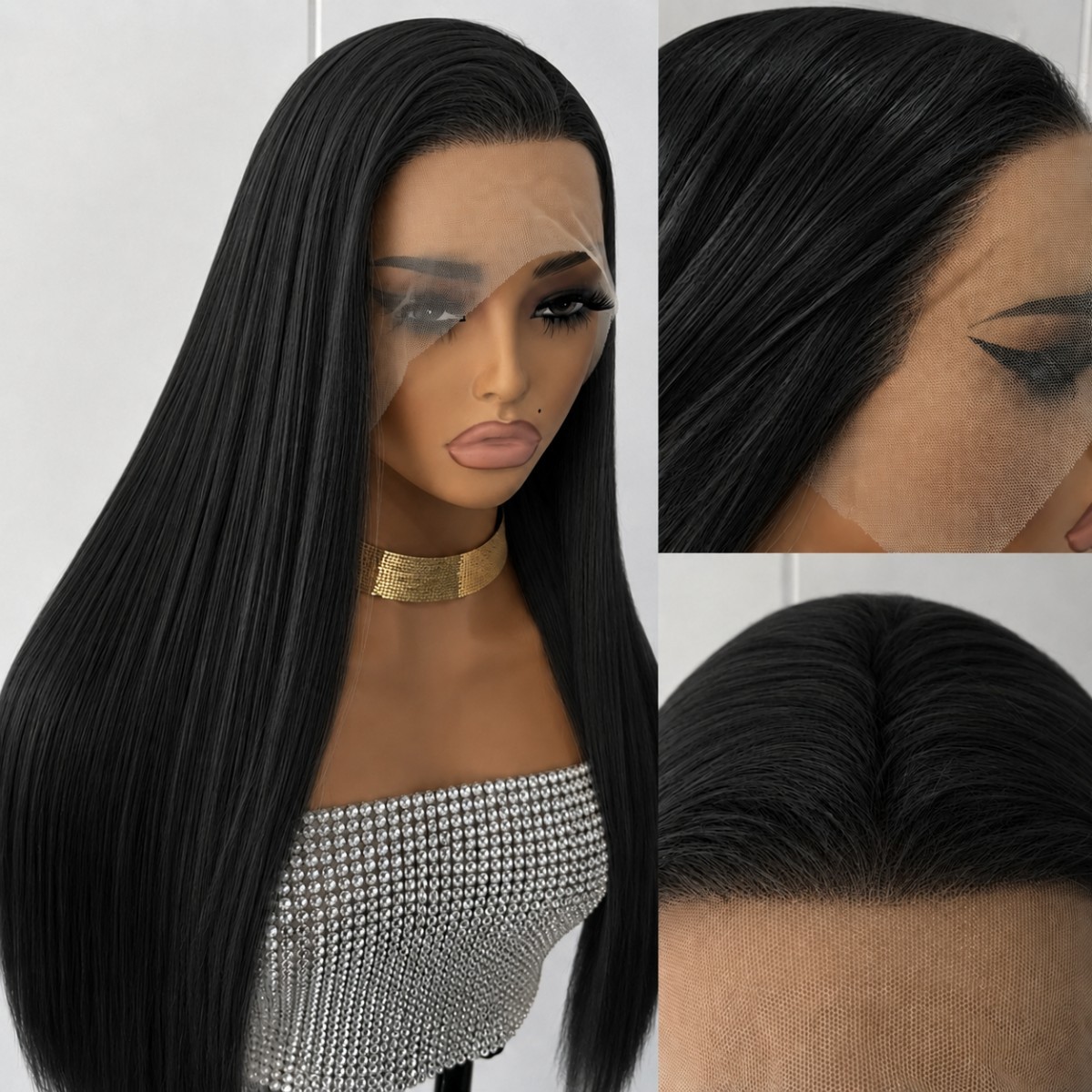 Long Straight Off black Frontal Lace Wig Synthetic Hair Heat Resistant