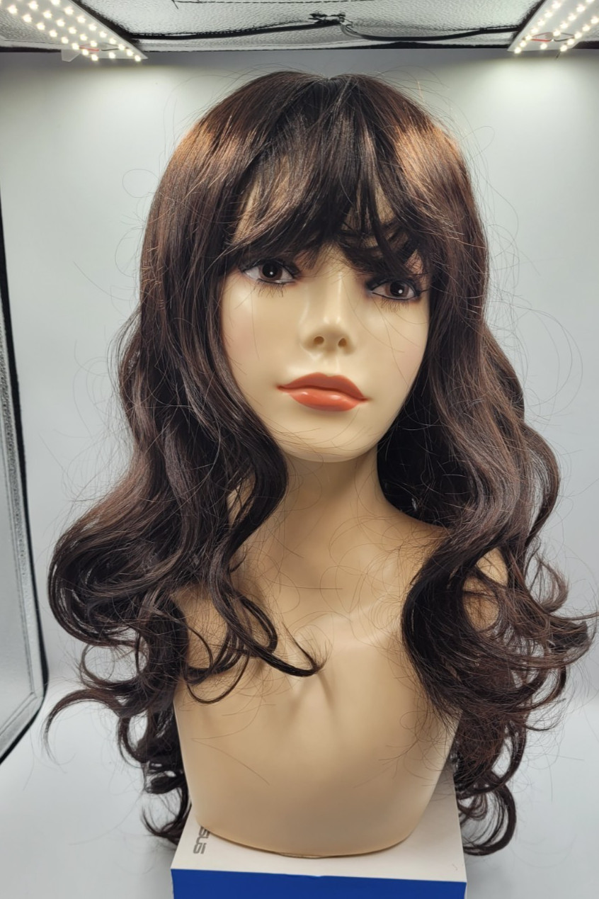 Long curly wave synthetic wig with blunt bangs heat resistant fiber full wig