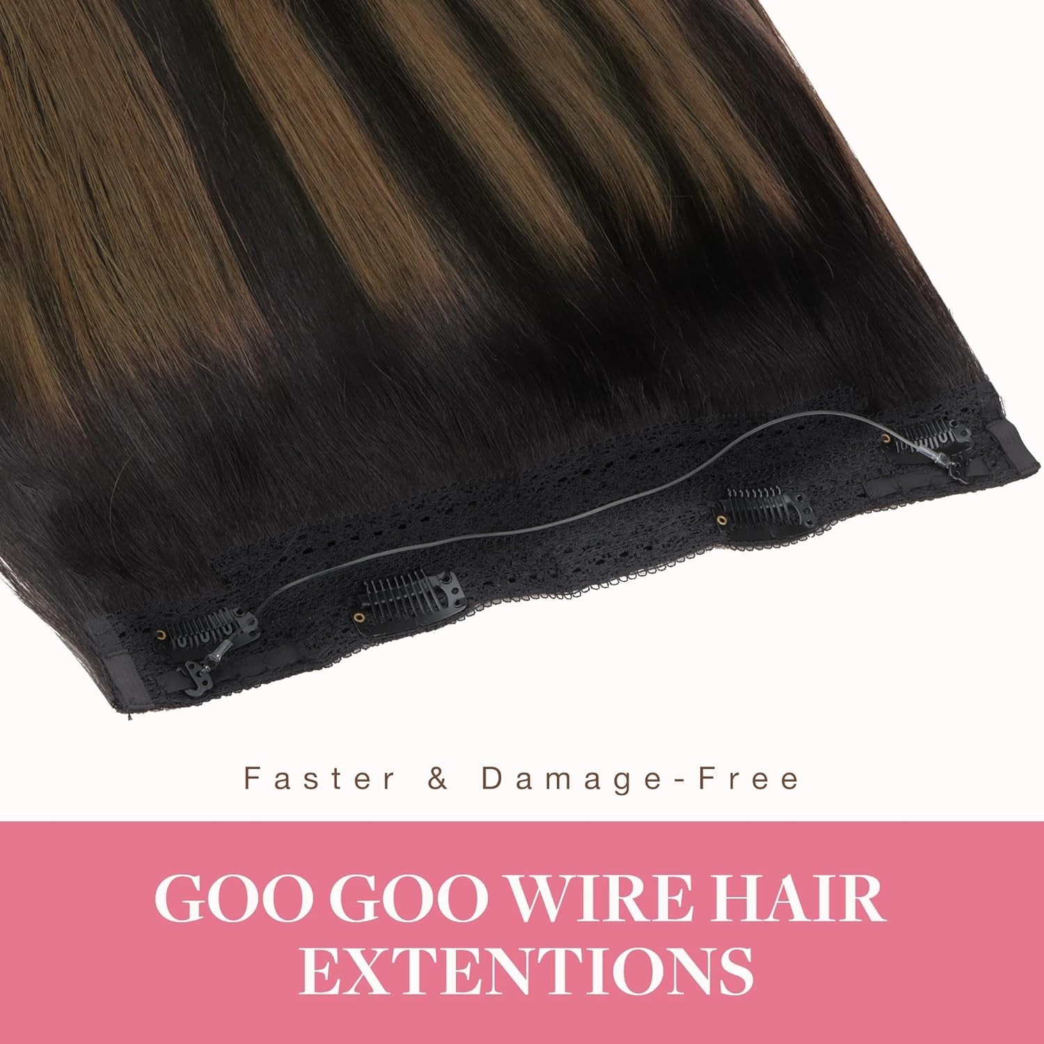 GOO GOO Wire Hair Extensions Human Hair 16in 125g Balayage Black Brown Invisible