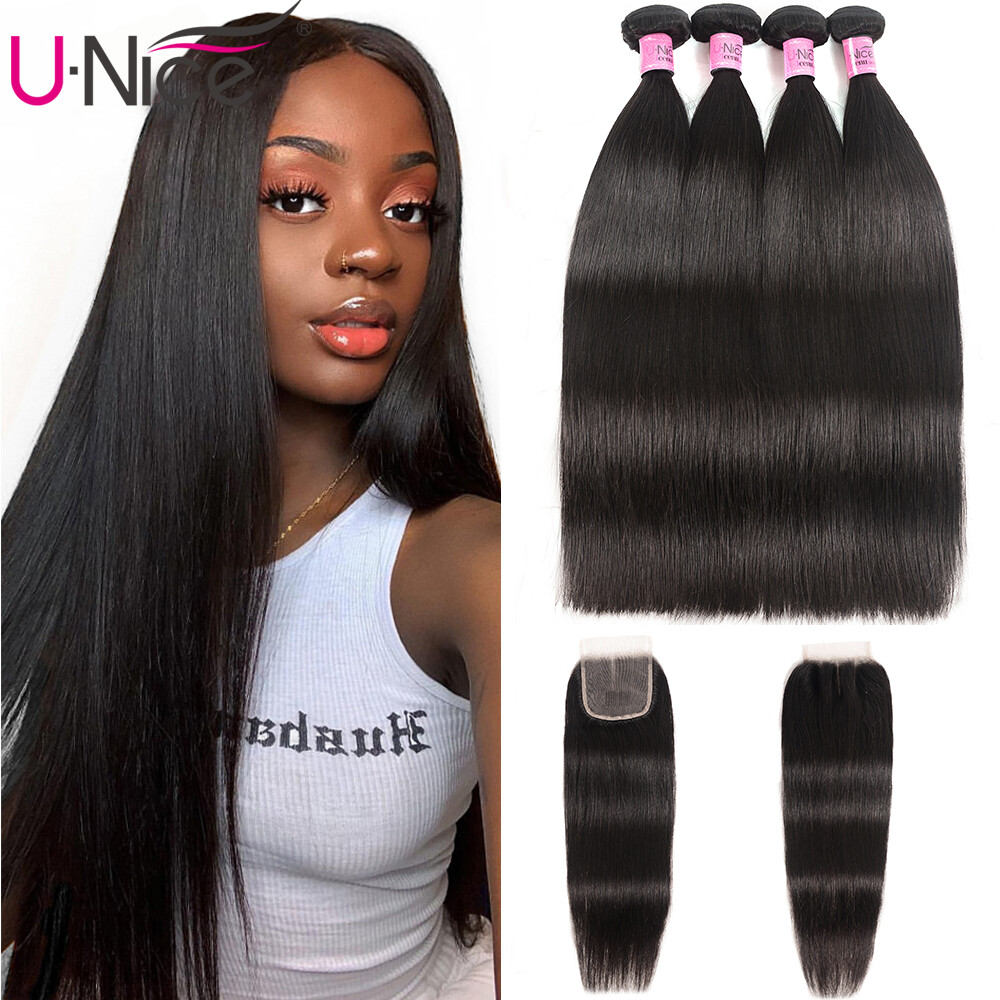 UNice Cambodian Straight 4 Bundles Human Hair Extensions With Lace Closure Weave