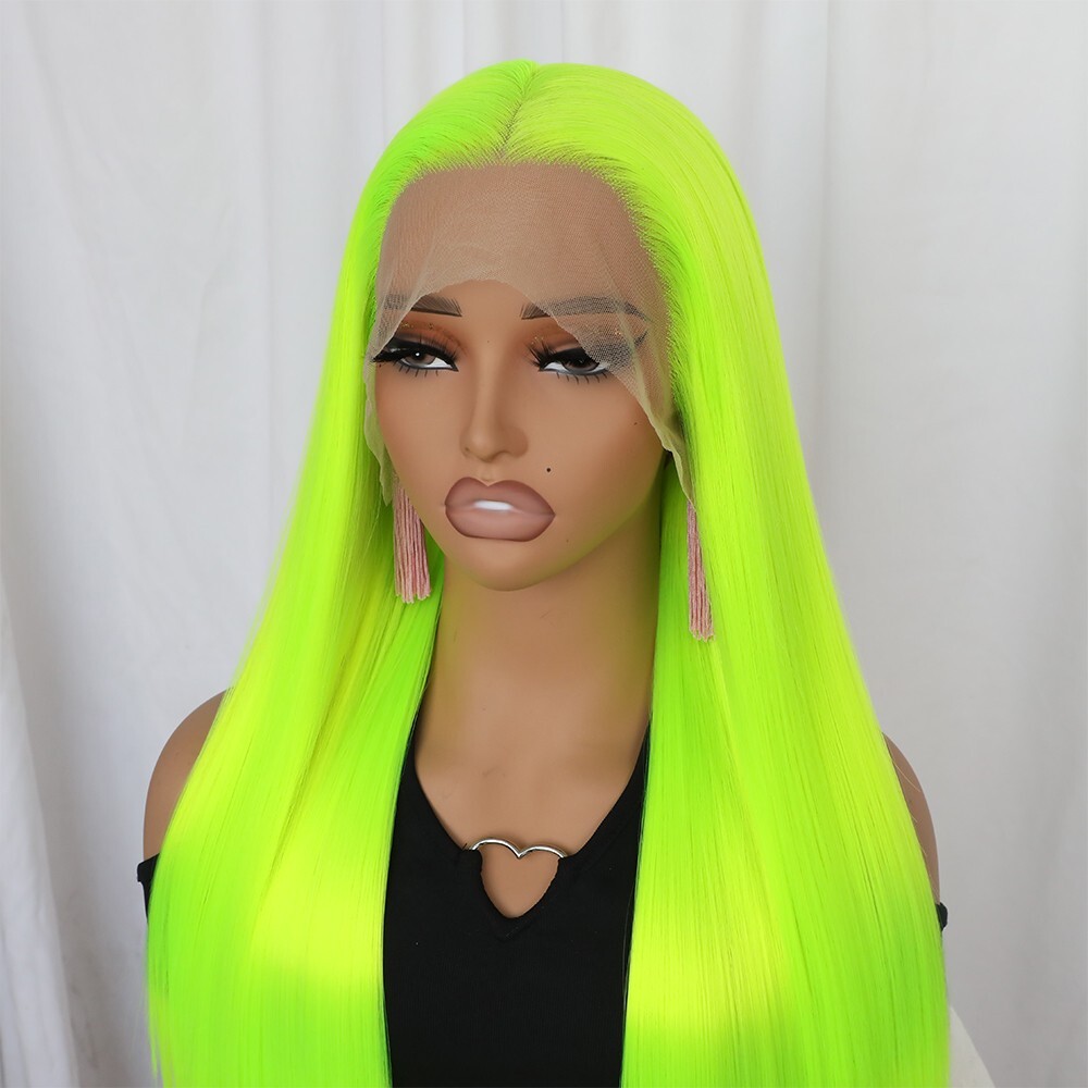 Bright Yellow Neon Green Straight Hair Lace Front Wigs Pre Plucked Women Party