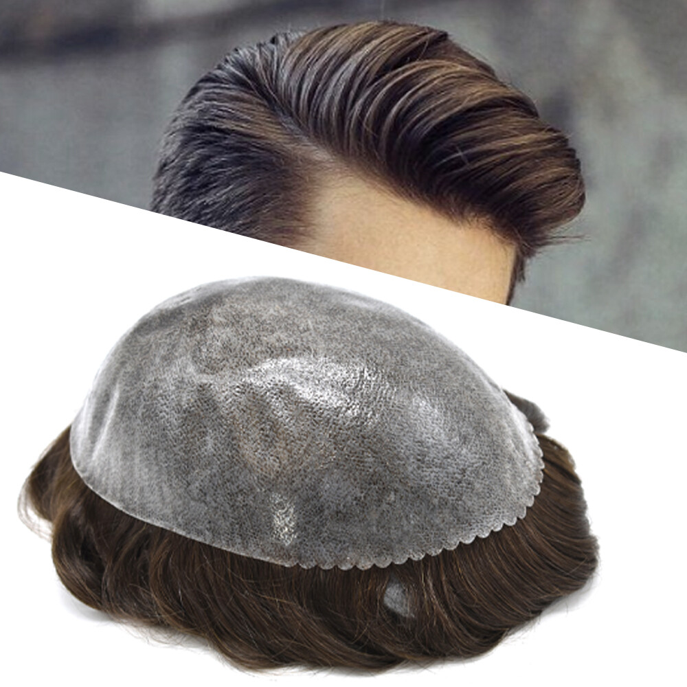 Full Poly Thin Skin Toupee Mens Hair Replacement System Units Human Hair Piece