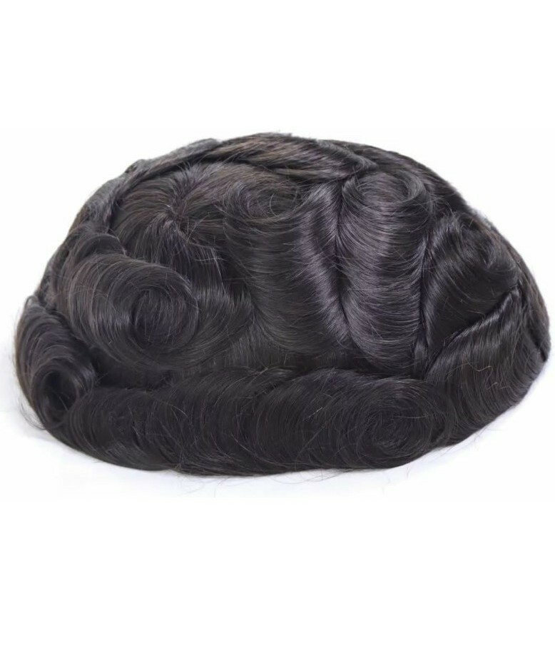 Happy&cc Toupee Men Human Hair #1B Thin Skin Pu Quality Virgin. 30mm Wave Curl.