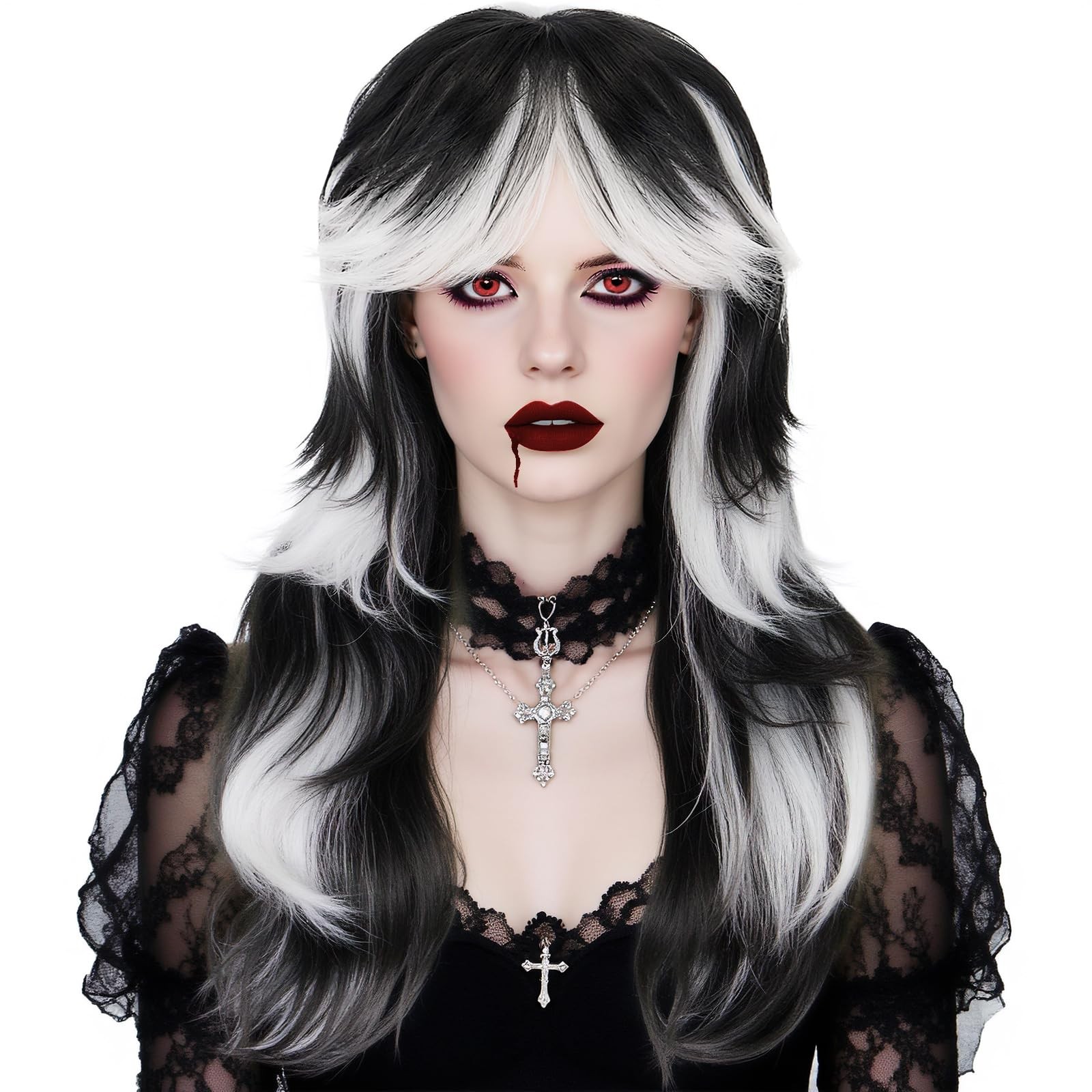 IMEYLE Black and White Wig Long Black White Gradient Wavy Wigs Layered Wolf C…
