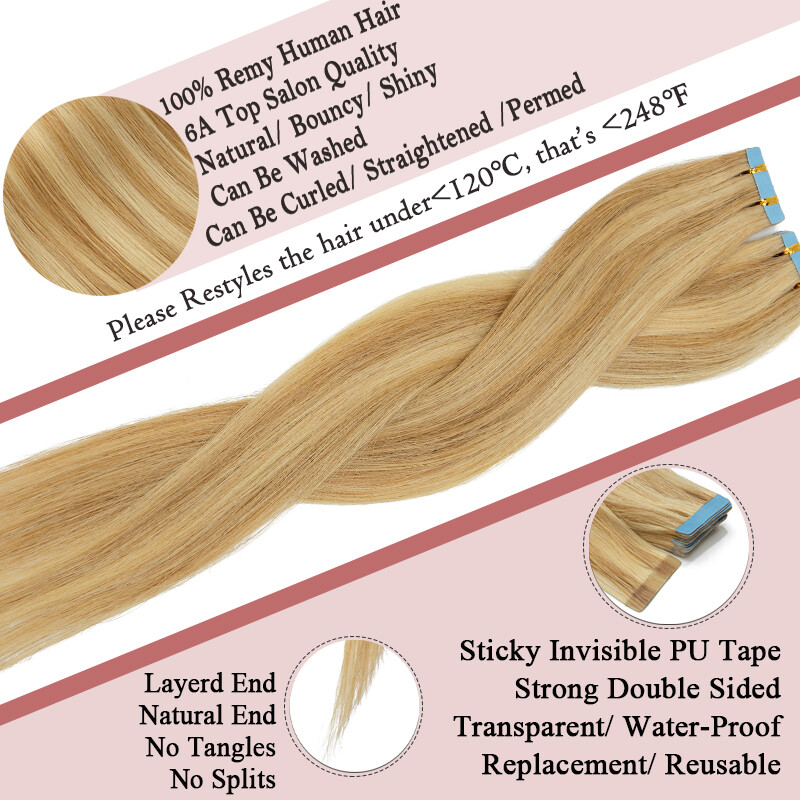 Tape in Hair Extensions Remy Human Hair Balayage 25G-200G Full Head Straight 22″