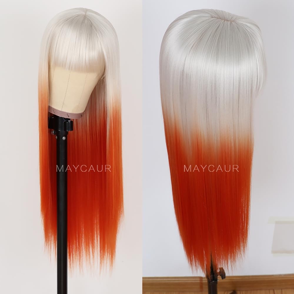Maycaur White Orange Skunk Stripe Wigs Long Straight Synthetic Hair Wigs Full
