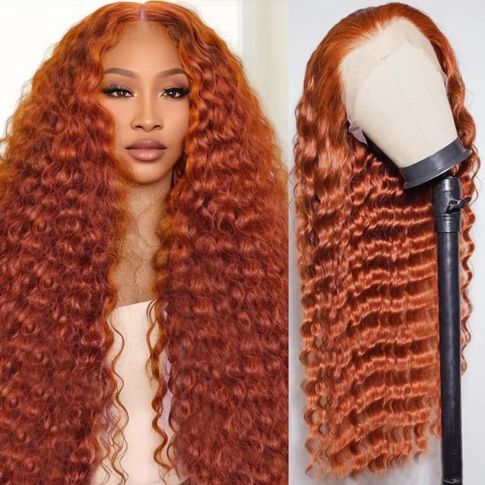 30″ Ginger Human Hair Wig – 13×6 Deep Wave Lace Front, 200 Density Curly Orange,