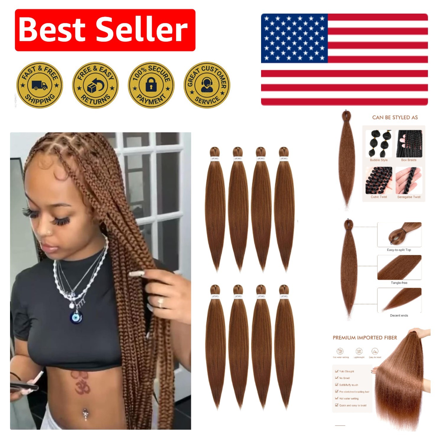 Soft & Lightweight 24 Inch Synthetic Braiding Hair – 8 Packs Hot Water Ready