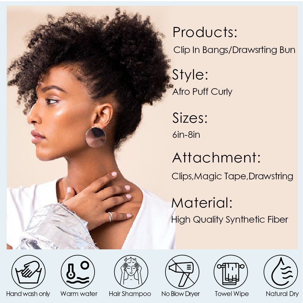 Afro Kinky Curly As Human Hair Clip In Short Ponytail Bun + Bangs Black Women US
