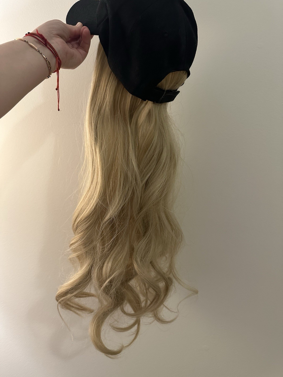Baseball Hat Wig, attached 24” Adjustable Black Cap with Long Wavy Synthetic
