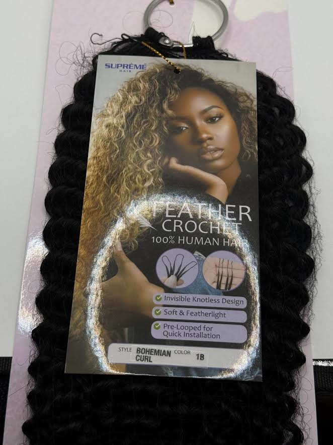 FEATHER CROCHET 100% HUMAN BOHEMIAN CURL HAIR INVISIBLE CROCHET HAIR