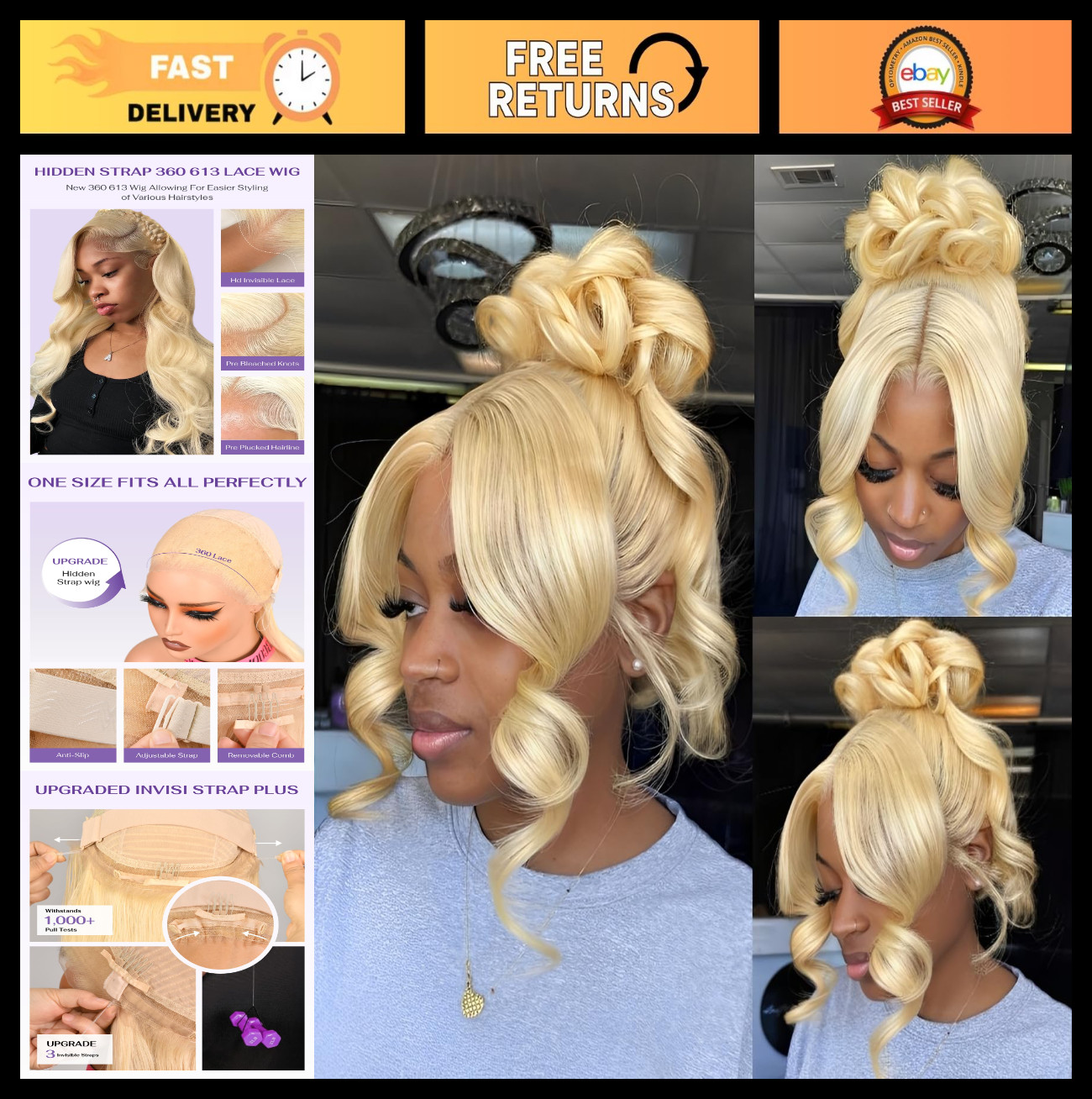 360 Lace Front Wig Body Wave 26-Inch Blonde Human Hair Glueless Pre-Plucked 180%
