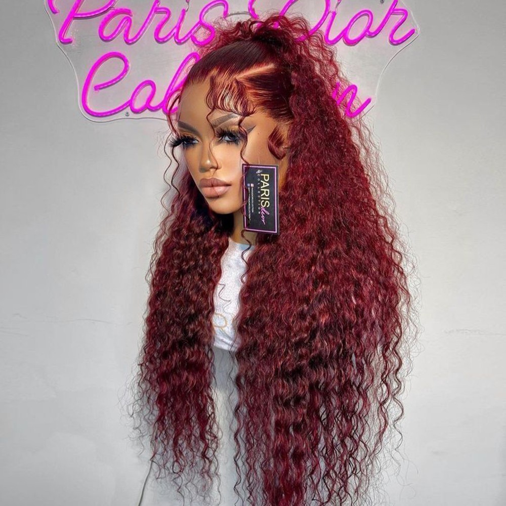 Glueless Lace Front Wigs Wine Red Long Water Wave Hair Natural Hairline Glueless