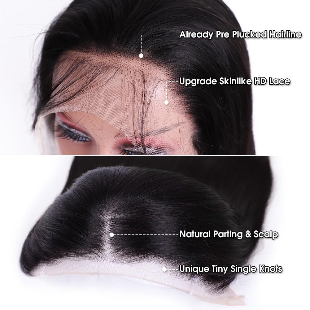 28″ Straight HD Lace Front Wig, Human Hair, Pre-Plucked, 180 Density, Glueless,
