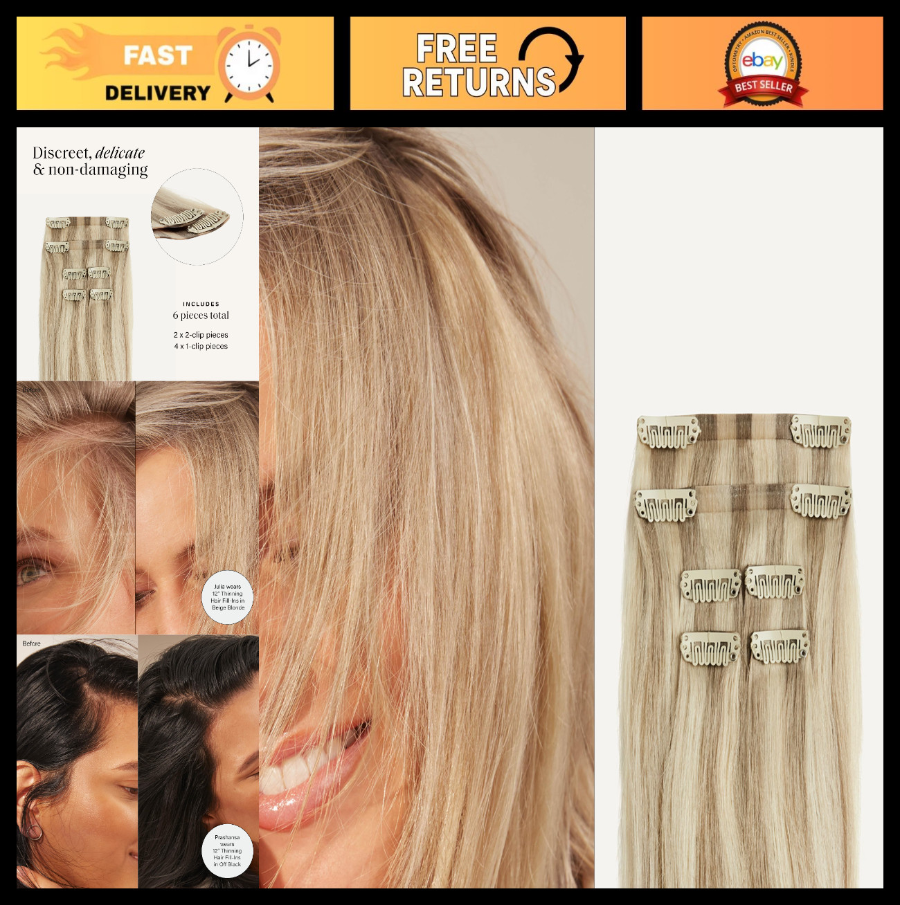 100% Remy Human Hair Extensions for Thin Hair – 6 Seamless Wefts, 12″ Beige Blon