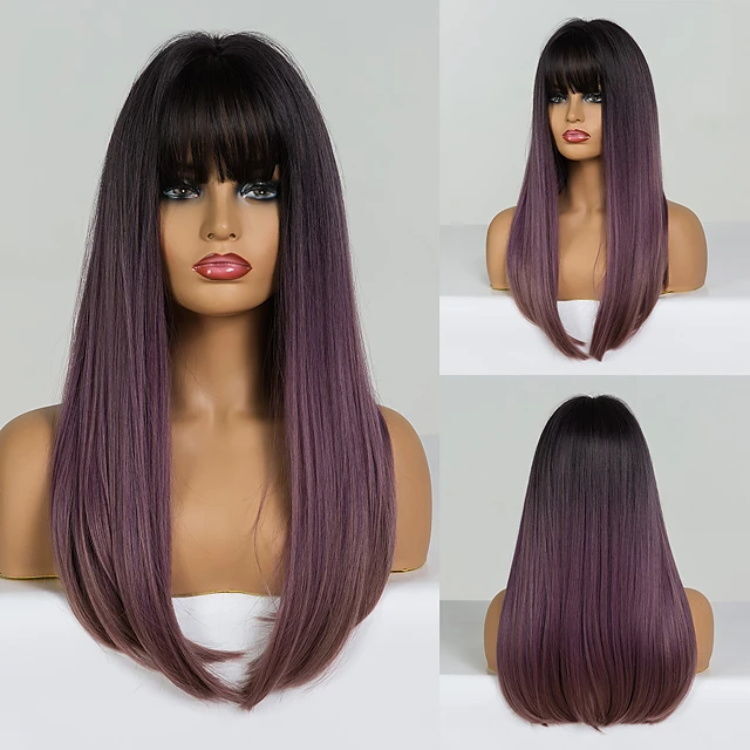 Wig Female Black Gradual Change Mixed Purple Qi Bangs Long Straight Wig