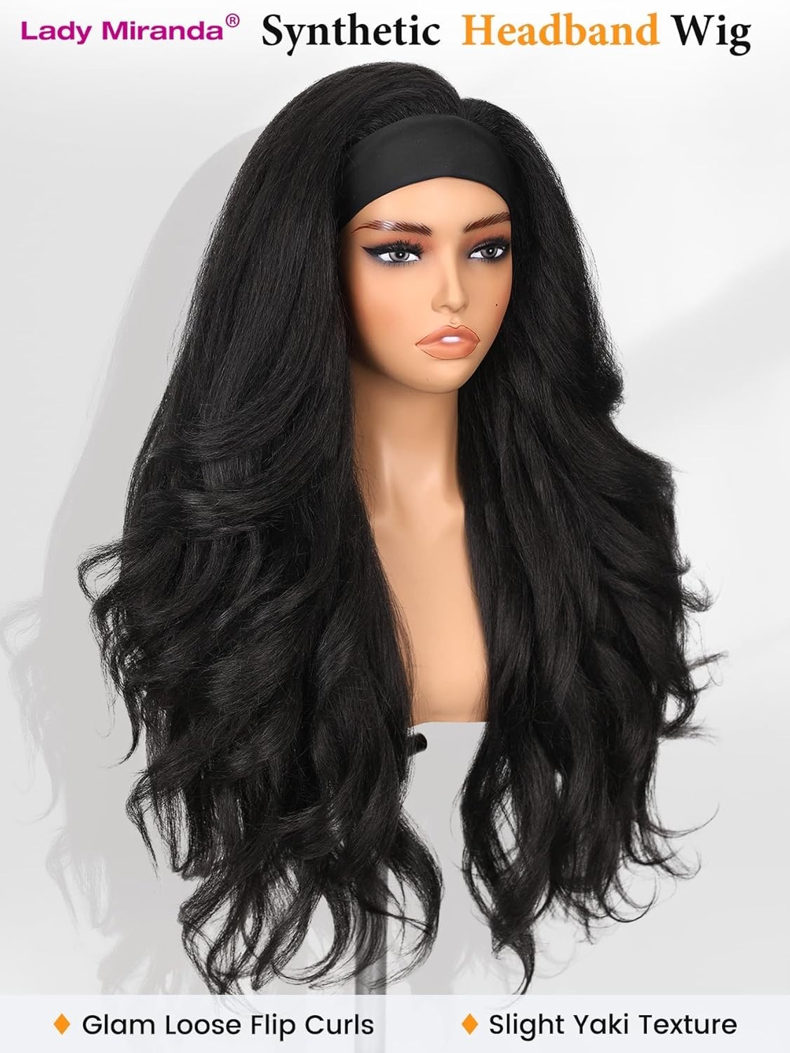 Yaki Wavy Headband Wig for Black Women Layered Filp 26in (Flower Headband) #1B