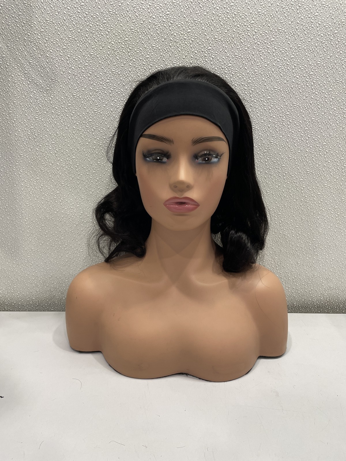 Natural Black Body Wave Human Hair Blend Glueless Headband Wig, 14″