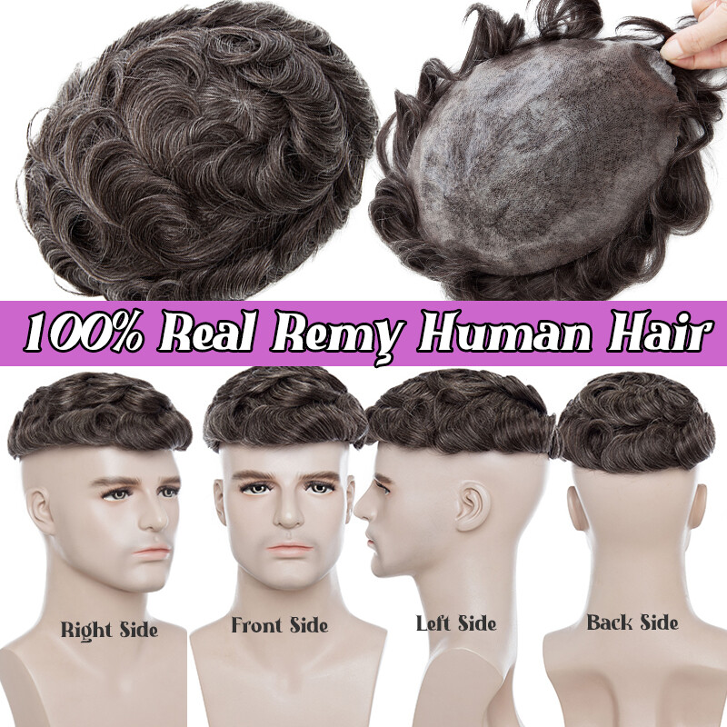 Full Poly Skin Mens Toupee PU Remy Human Hair System Replacement Wigs for Men US
