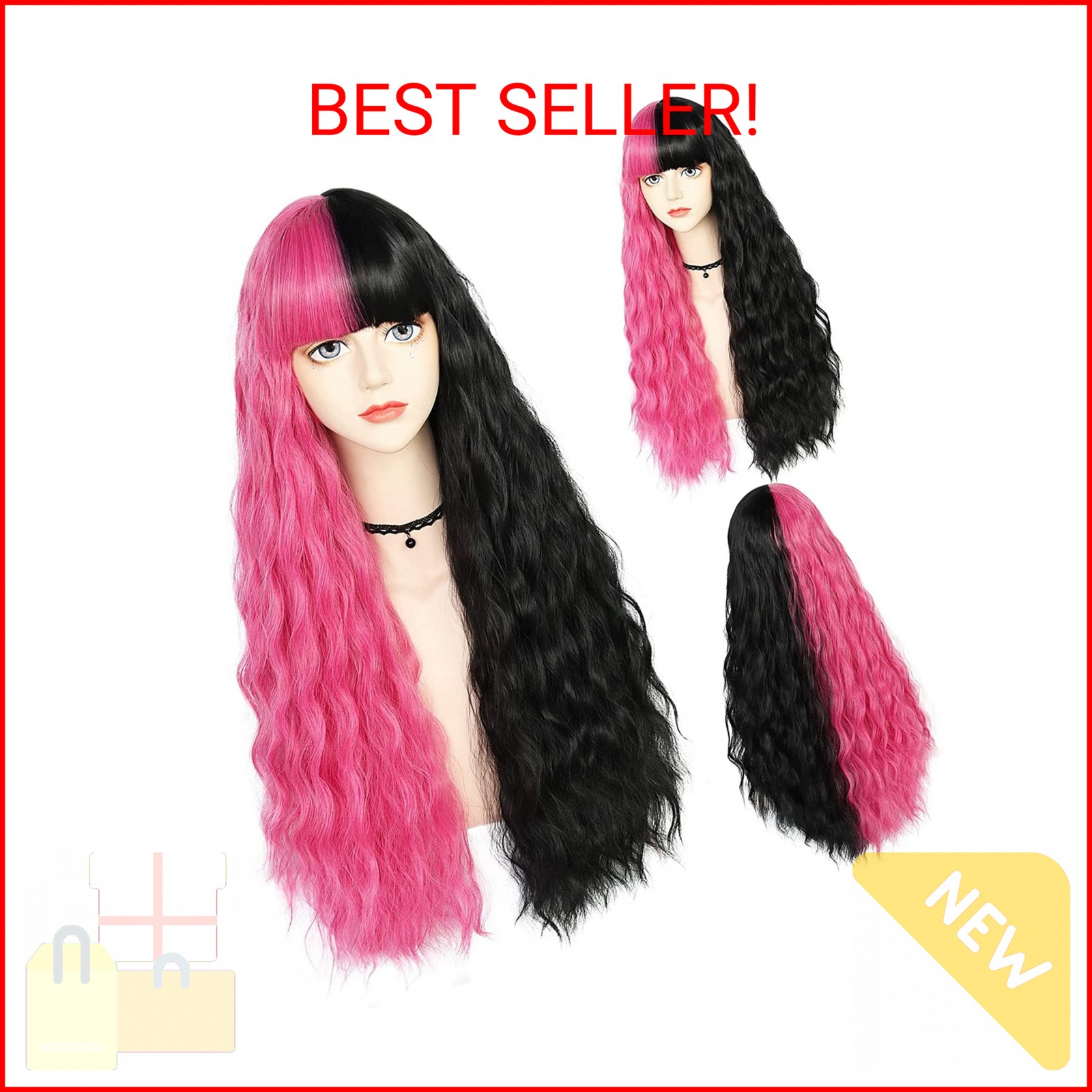 ANOGOL Hair Cap+Half Pink Half Black Wig Long Body Wave Wig with Bangs for Women