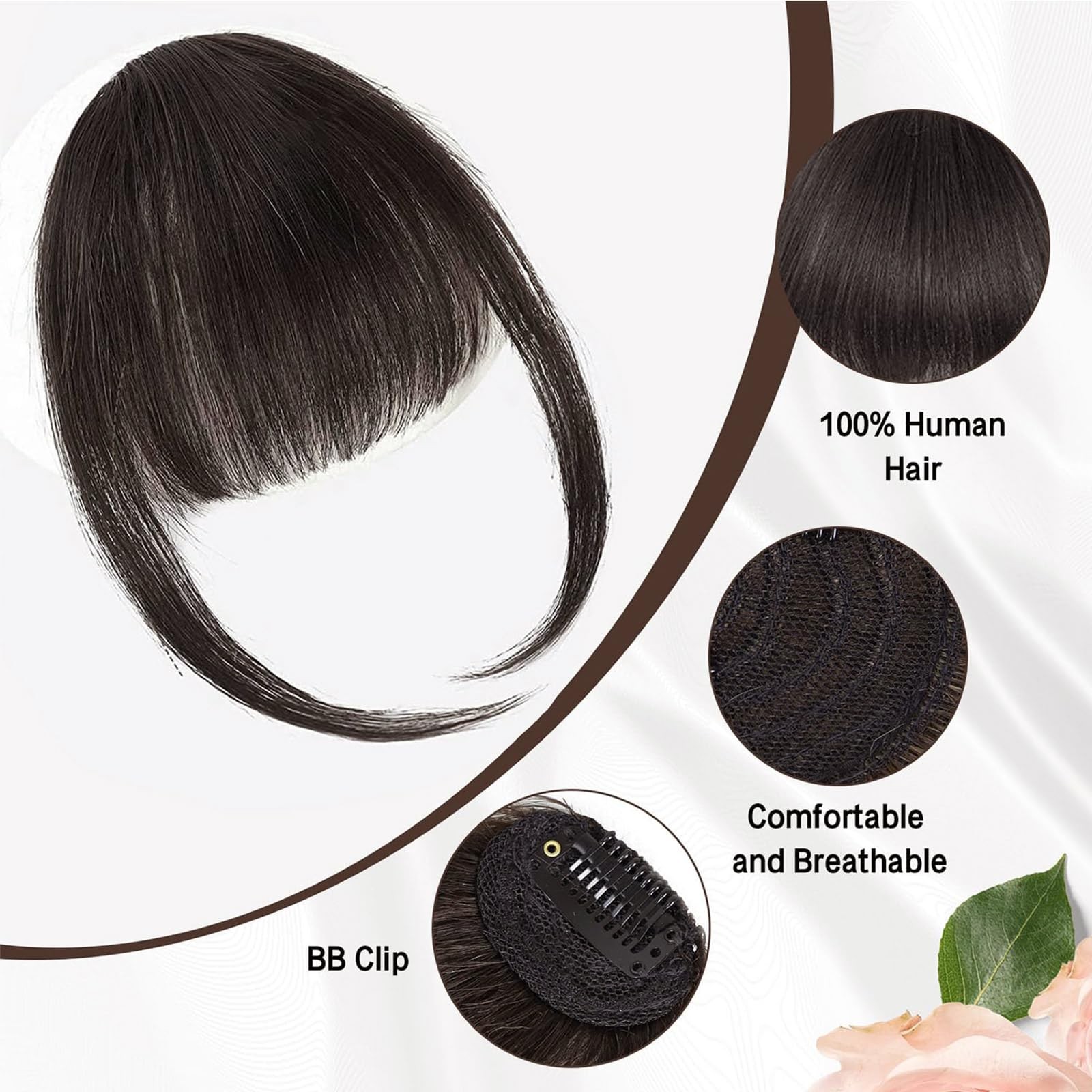 BOGSEA Clip-in Bangs 100% Human Hair with Temples for Women Dark Brown
