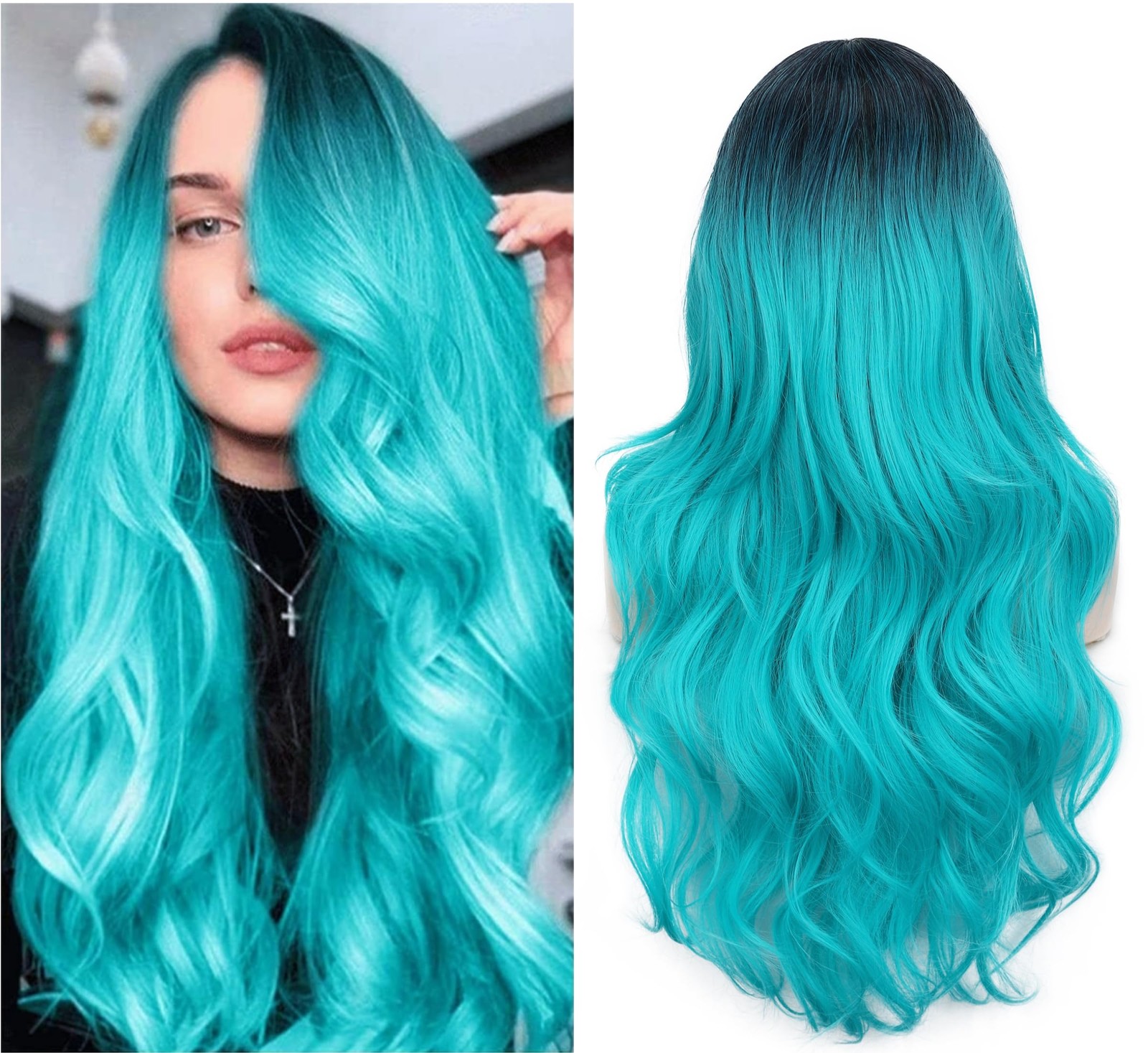 Ombre Bluish Green Wig Long Wavy Side Part Wigs Heat Resistant Synthetic Hair…