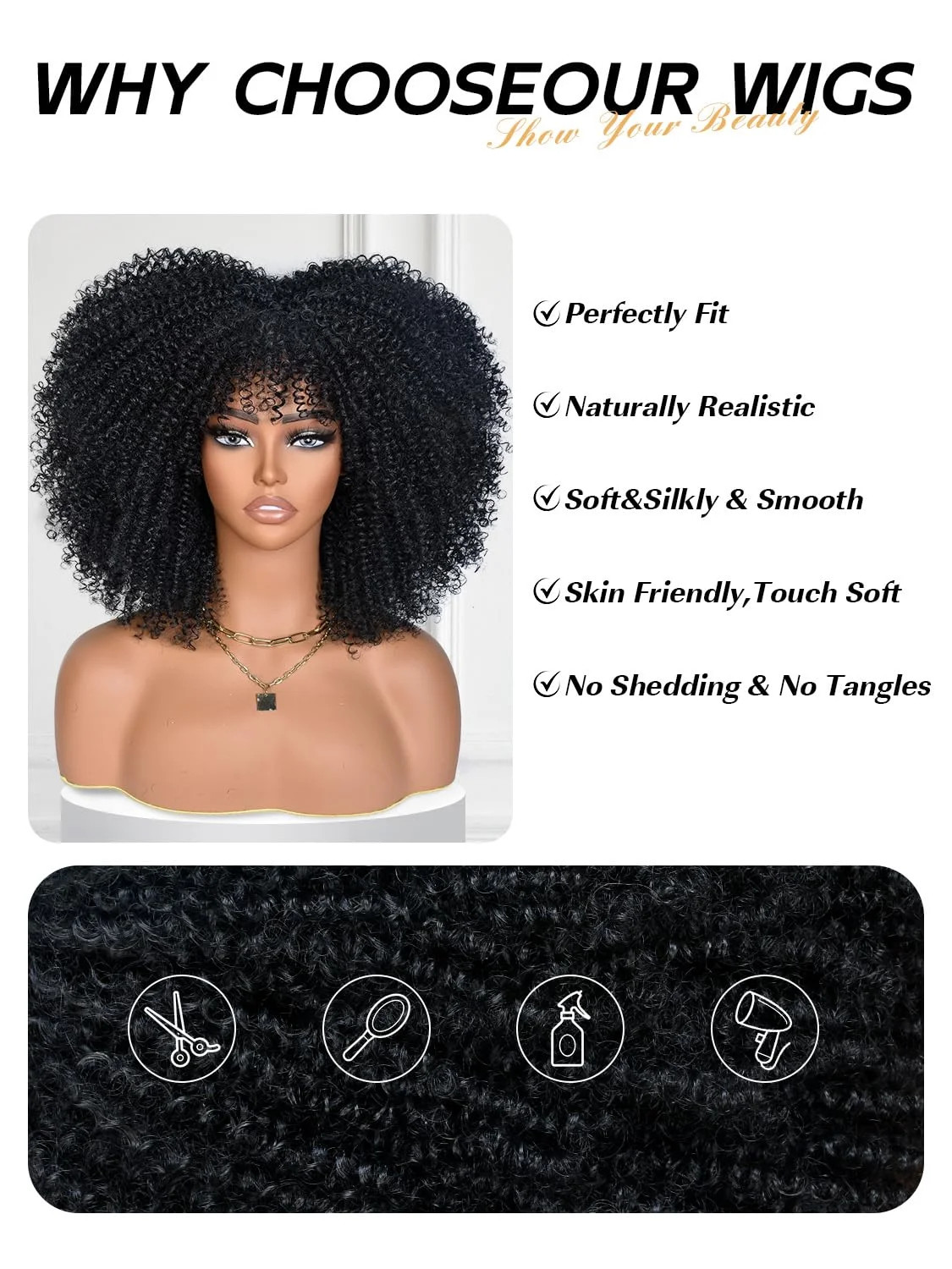Afro Curly Wig with Bangs Black 14 Inch Short Synthetic Afro Wig Black Kinky Cur