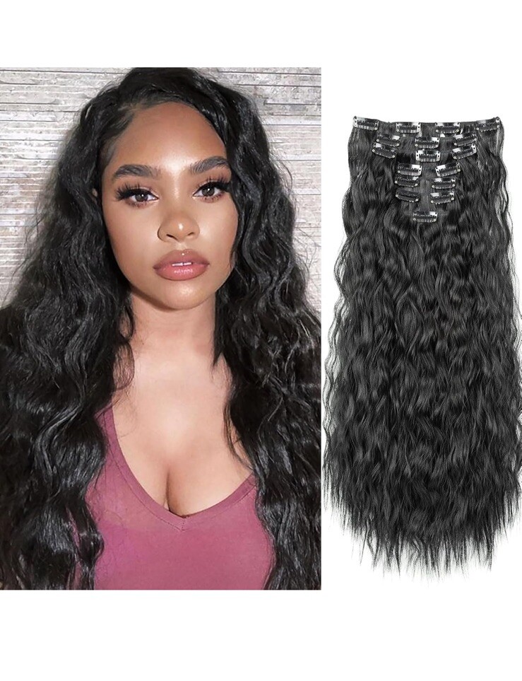 Glamorous Double Weft Clip Hair Extensions – 24” Long Black Locks