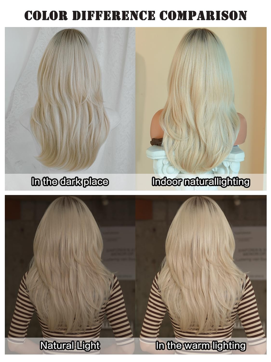 24 Inch Platinum Blonde Layered Tail Bangs Wig with Dark Roots White Blonde M…