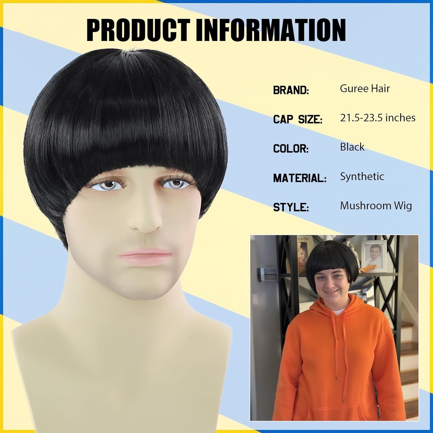 Black Mushroom Wig for Men Women Unisex Synthetic 60s Bowl Cut Wig with Bangs…
