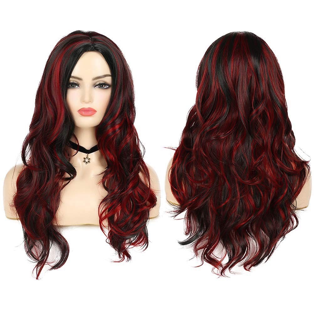 Sallcks Black Red Wig for Women Long Wavy Highlights Layered