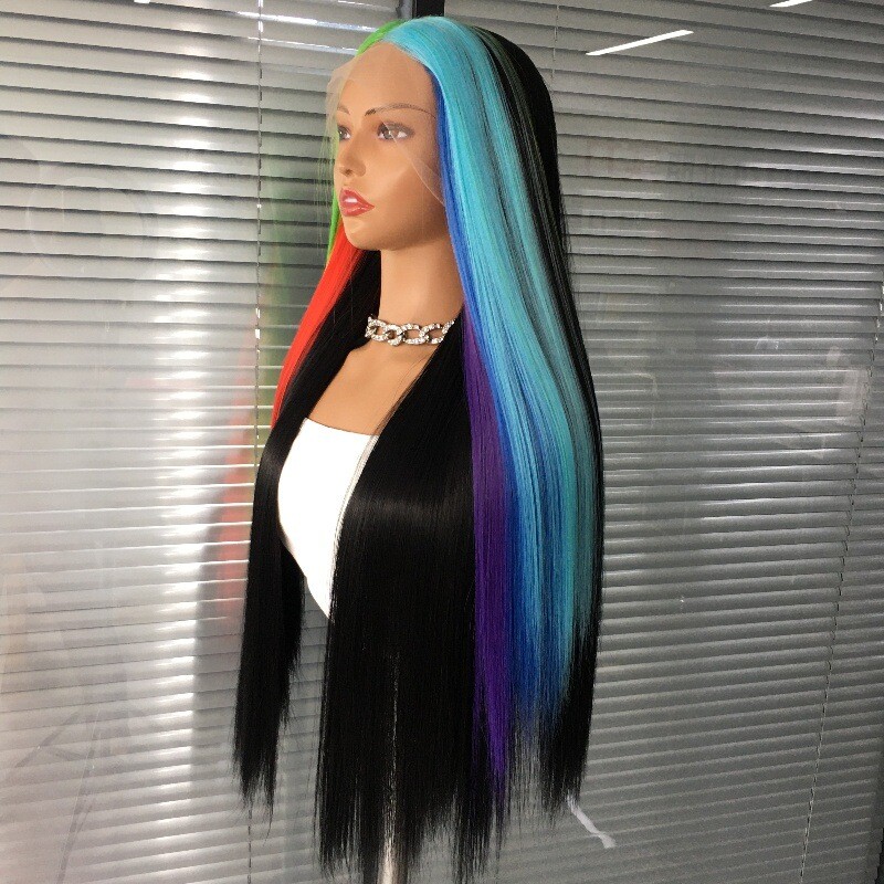 Women Long Straight Half Rainbow Wig Half Black Lace Front Wigs Heat Resistant